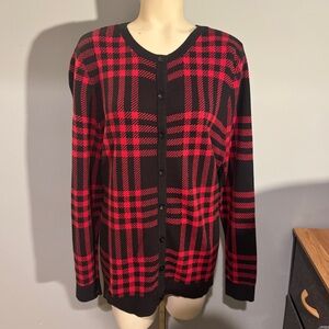 CJ Banks Black and Red Plaid Cardigan